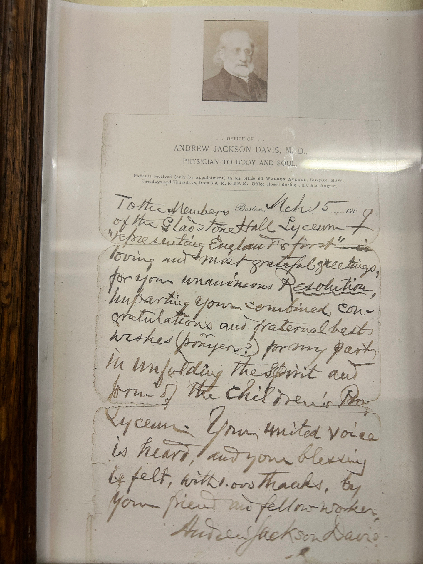 Original handwritten letter from Andrew Jackson Davis to the Gladstone Hall Lyceum, Nottingham, dated 15 March 1909