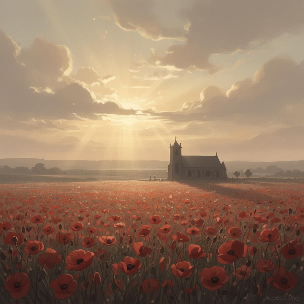 Poppy field at dawn with a distant country church