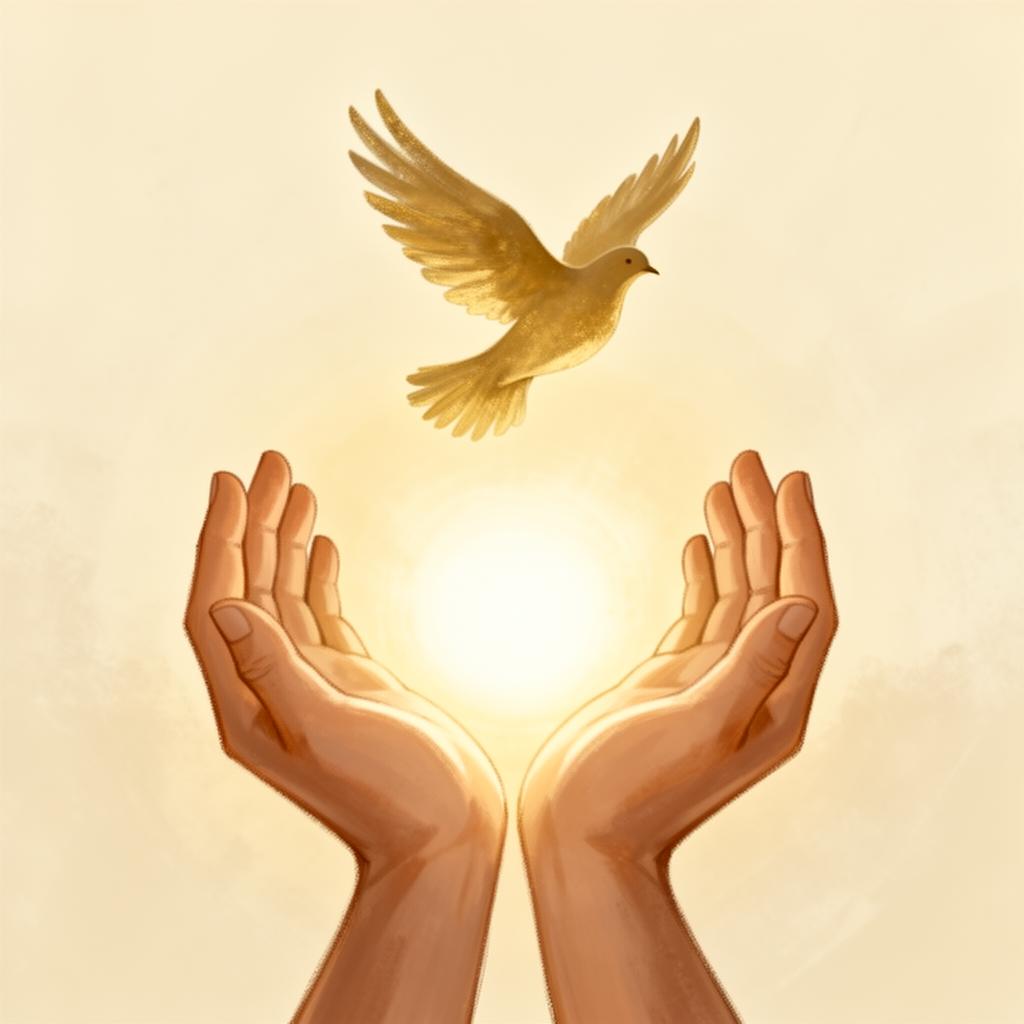 Cupped hands holding light beneath a rising dove