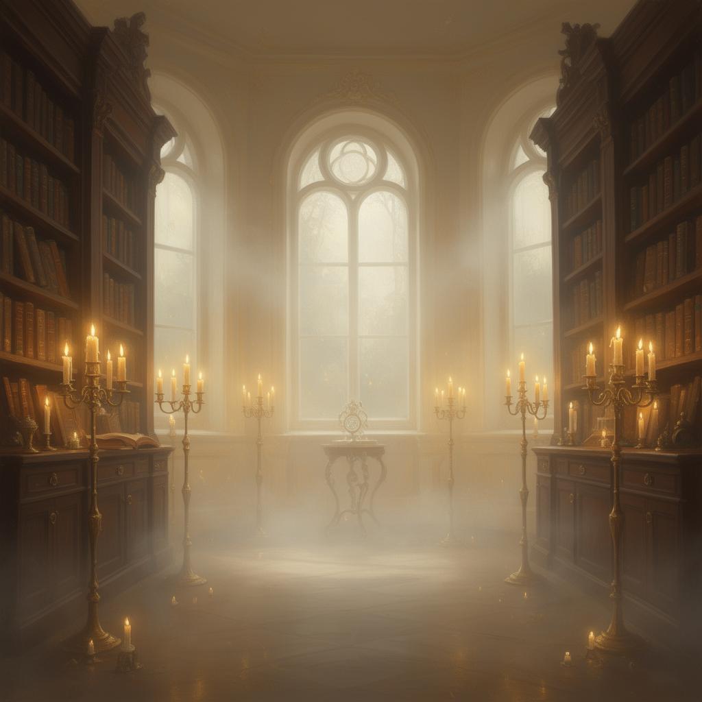 A serene spiritual library with warm candlelight, evoking the atmosphere of learning at Arthur Findlay College